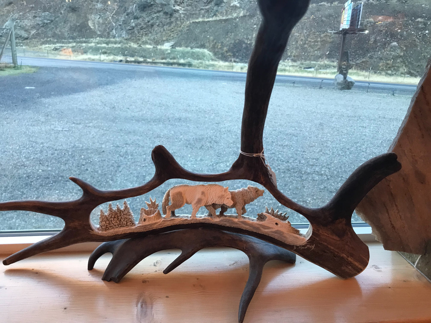 2 Wolves Walking Caribou Antler Carving
