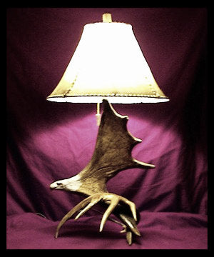 Moose Antler Table Lamp w/Eagle Head, Rawhide Shade