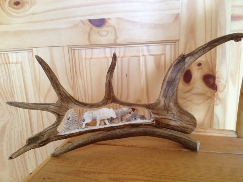 2 Wolves Walking Caribou Antler Carving