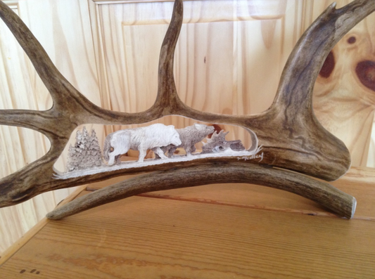 2 Wolves Walking Caribou Antler Carving