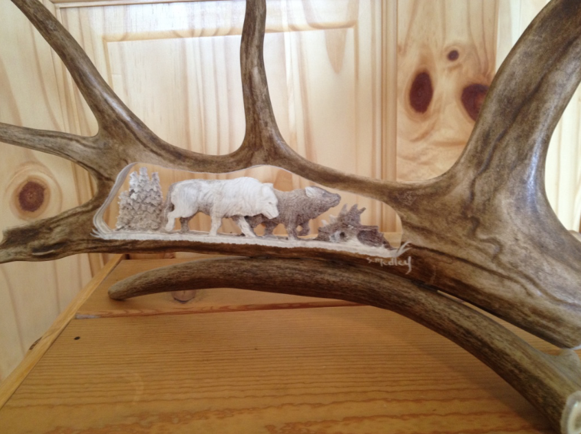 2 Wolves Walking Caribou Antler Carving
