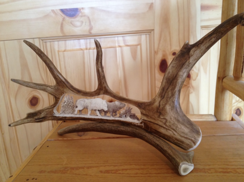 2 Wolves Walking Caribou Antler Carving