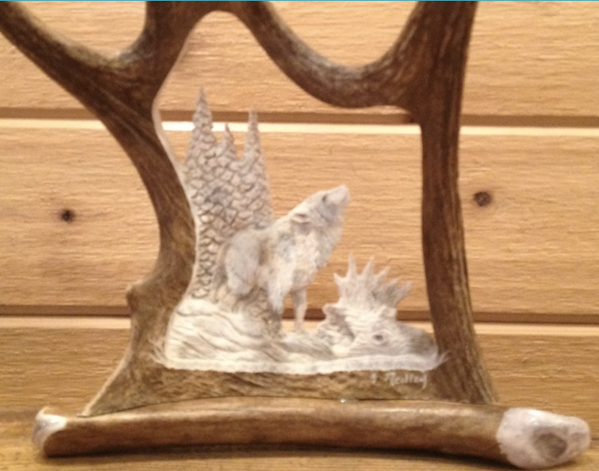 Howlin' at the Moon Wolf Antler Carving