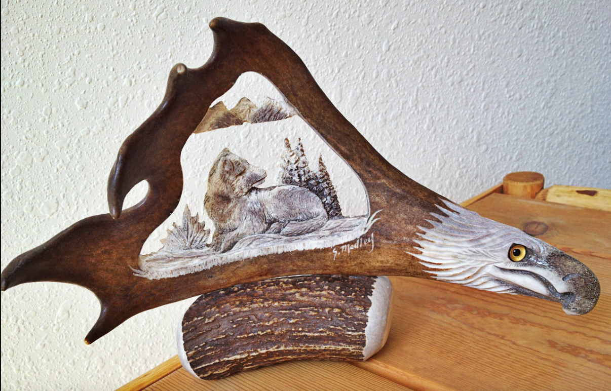 Resting Wolf Antler Carving