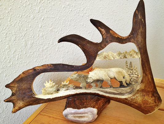 2 Wolves Walking Antler Carving