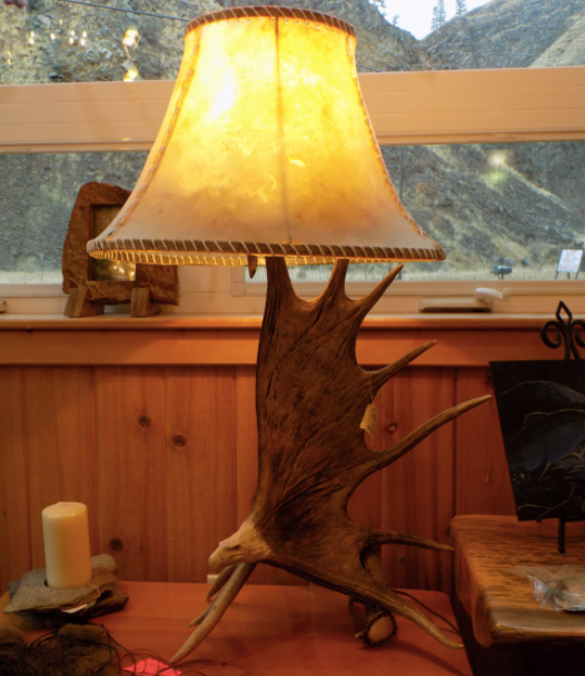 Moose Antler Table Lamp w/Eagle Head, Rawhide Shade