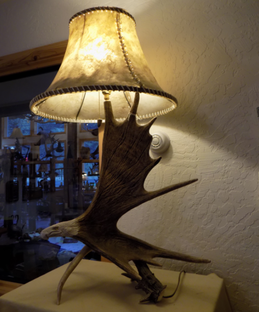 Moose Antler Table Lamp w/Eagle Head, Rawhide Shade