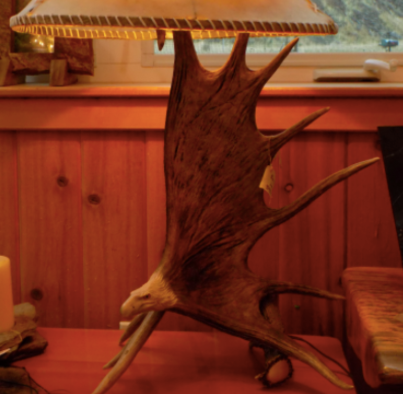 Moose Antler Table Lamp w/Eagle Head, Rawhide Shade