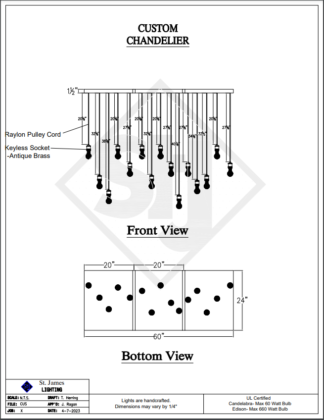 St. James Siena Wood Light Fixture, 60"L x 24" W Custom Design