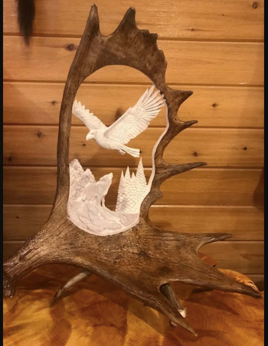 Howling Wolf and Wild Eagle Moose Antler Carving