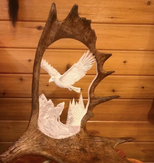 Howling Wolf and Wild Eagle Moose Antler Carving
