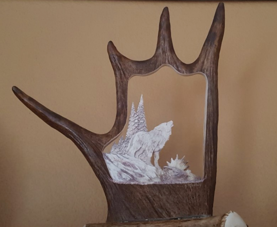 Howlin' at the Moon Wolf Antler Carving