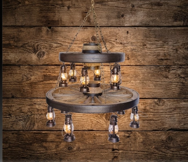 Gun Smoke Double Wagon Wheel Chandelier