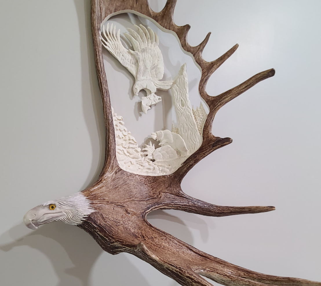 Last Catch Eagle Salmon and Bear Moose Antler Carving