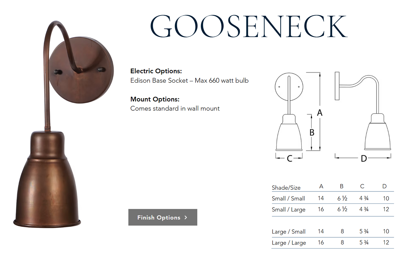 St. James Goose Neck Copper Wall Light — Cone Shade, Edison Socket, Small or Large, Handmade in USA