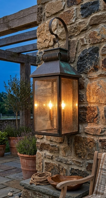 Outdoor wall light fixture on a stone wall with potted plants and a wooden bench.