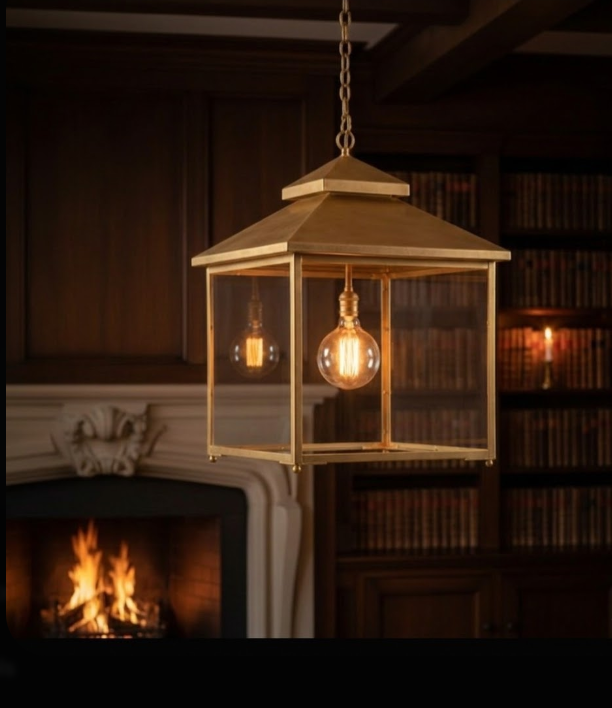 Decorative pendant light with a warm glow in front of a fireplace and bookshelf.