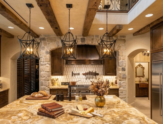 Luxurious kitchen with stone walls, wooden beams, and a dining table set and foyer or entryway kitchen island pendant light or chandeliers 
