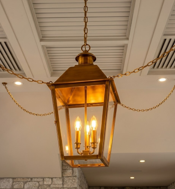 Gold entryway foyer pendant light hanging from a grey ceiling