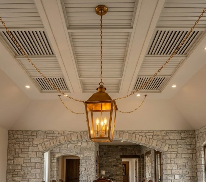 Decorative entryway foyer pendant light hanging from a coffered ceiling in a room with stone walls.