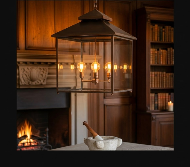 Decorative hanging Kitchen Island Pendant Light Fixture or lantern with lit bulbs in a warm, wooden interior setting.
