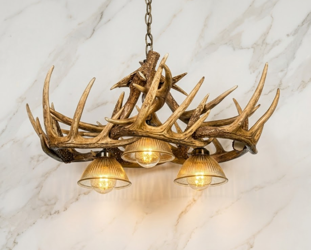 Coloma Oblong Faux Deer Antler Chandelier, 3 Down Lights, 32"W x 25"T
