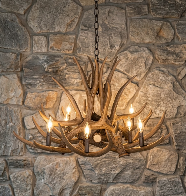 faux deer Antler chandelier with lights against a stone wall background