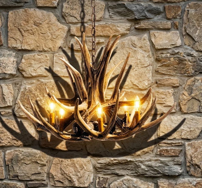faux deer Antler chandelier hanging against a stone wall