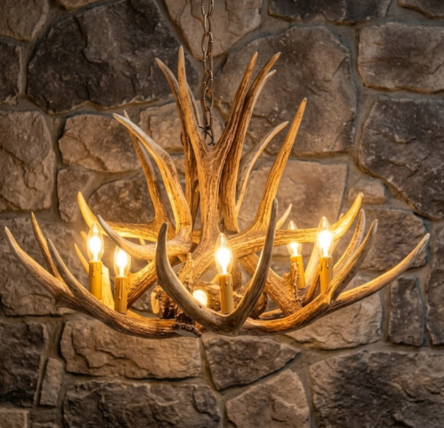 faux deer Antler chandelier with candles against a stone wall background