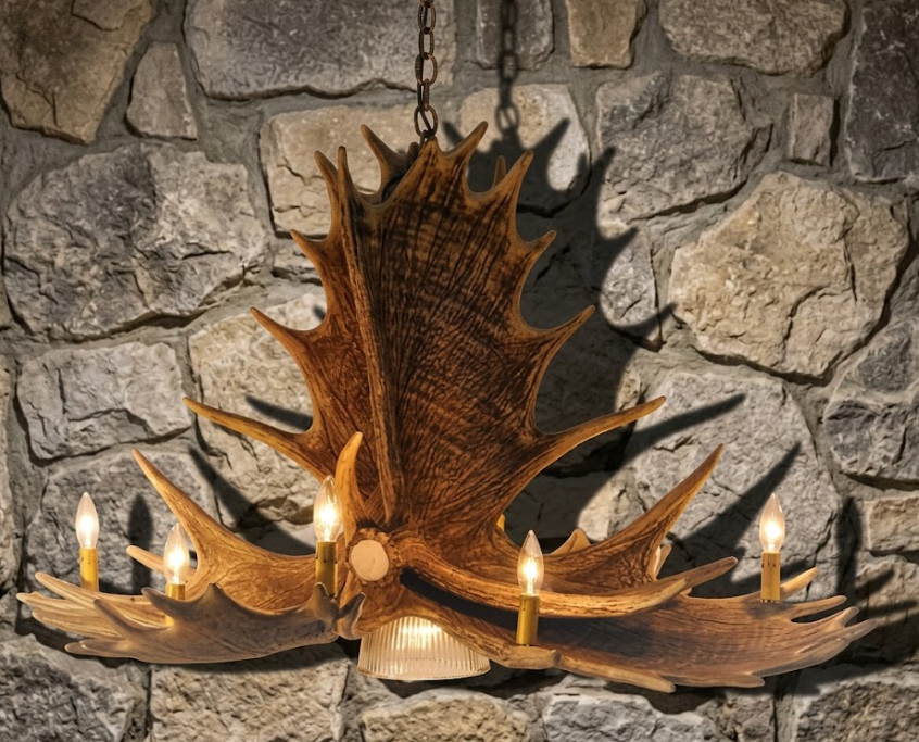 faux moose Antler chandelier with candles against a stone wall background