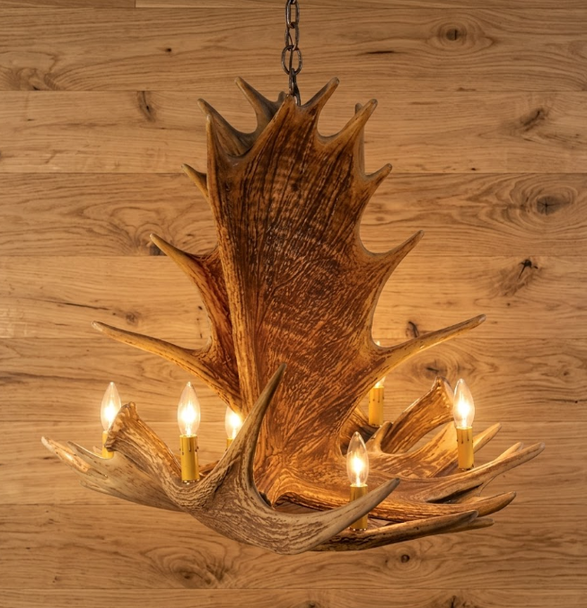faux moose antler chandelier hanging with a wood wall