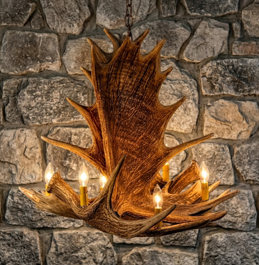 faux moose Antler chandelier with lights hanging against a stone wall.