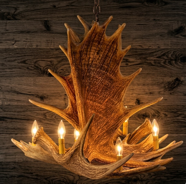 faux moose Antler chandelier with lights on a wooden background