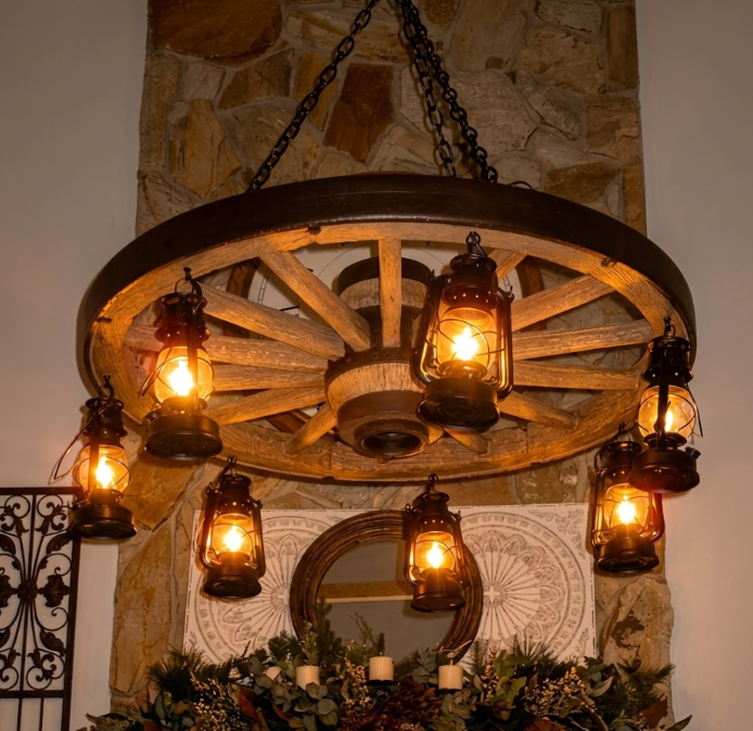 Buffalo Bill Wagon Wheel Rustic Chandelier, 42" W x 12"T