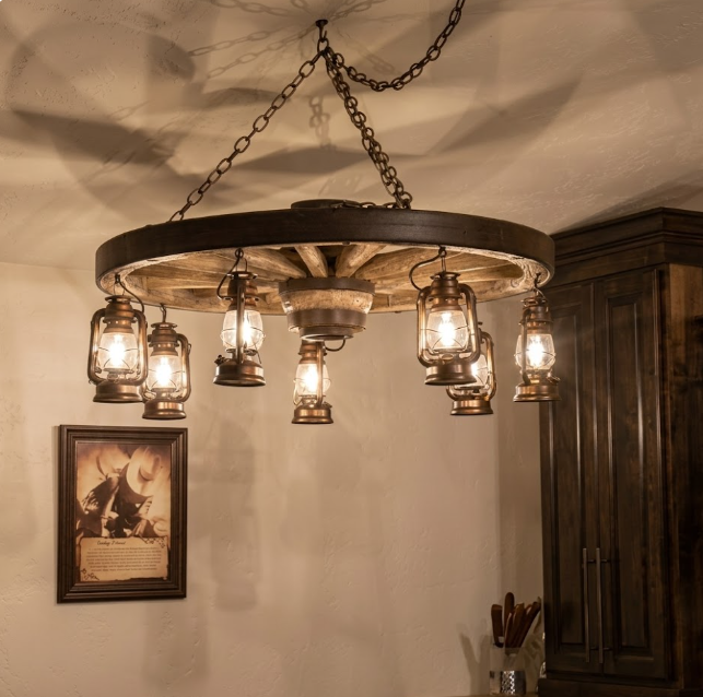 Buffalo Bill Wagon Wheel Rustic Chandelier, 42" W x 12"T
