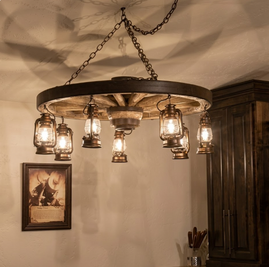 Buffalo Bill Wagon Wheel Rustic Chandelier, 42" W x 12"T
