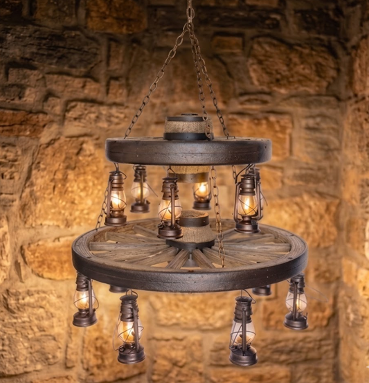 Gun Smoke Double Wagon Wheel Chandelier