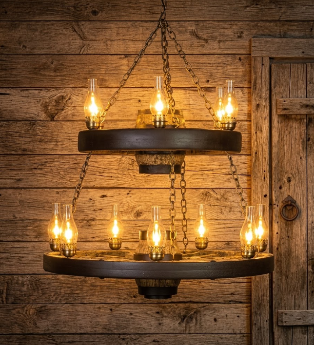 The Ponderosa Double Wagon Wheel Chandelier, 42"W x 40"T