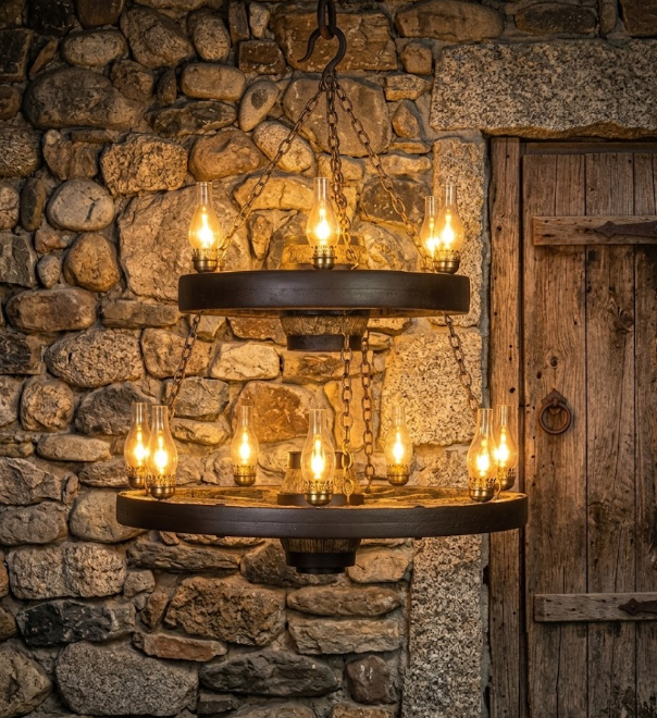 The Ponderosa Double Wagon Wheel Chandelier, 42"W x 40"T