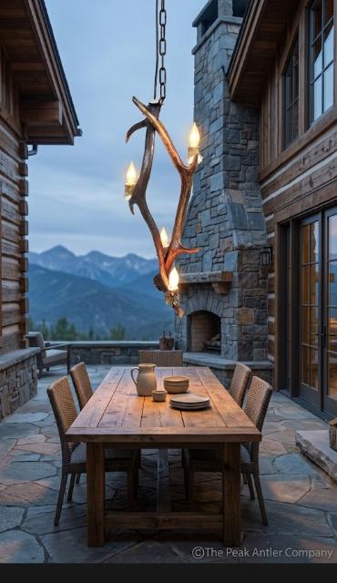 Wooden dining table with chairs on a patio in front of a log cabin with a mountain view.