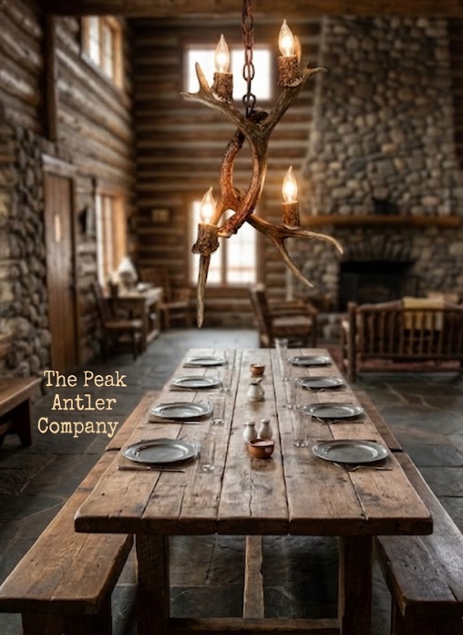 Wooden dining table with antler chandelier in rustic cabin setting, featuring 'The Peak Antler Company' branding.