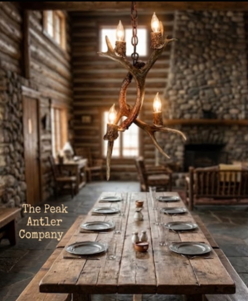 Dining room with rustic decor, including a wooden table and antler chandelier, with 'The Peak Antler Company' branding.