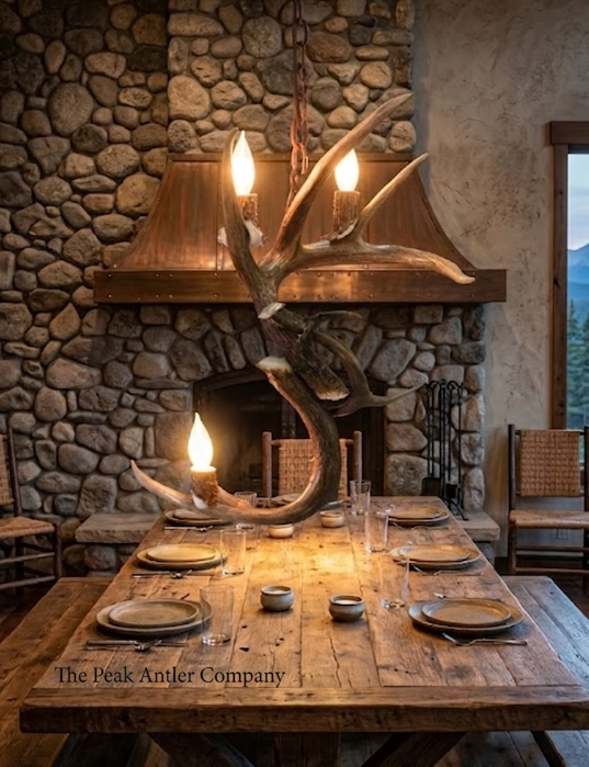 Dining room with rustic decor, including a stone fireplace and antler chandelier.