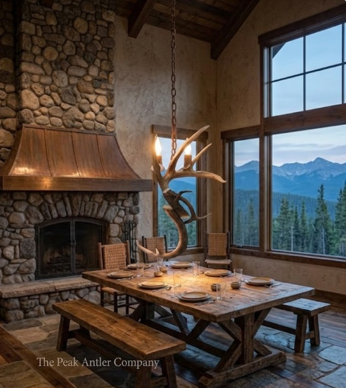 Dining room with stone fireplace, large windows, and mountain view, featuring a decorative antler chandelier.
