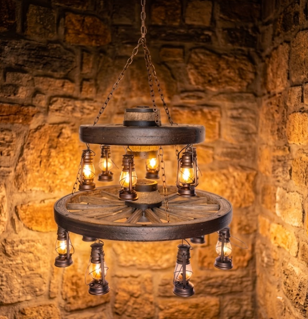 Gun Smoke Double Wagon Wheel Chandelier