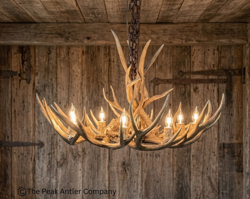 Antler chandelier with lights against a wooden background, branded 'The Peak Antler Company'.