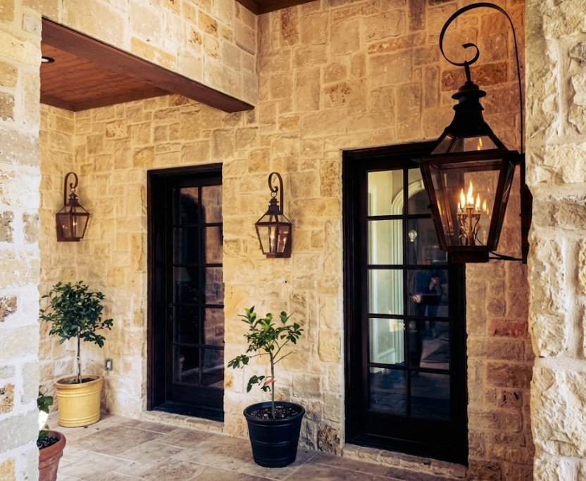 Stone building entrance with decorative entryway lights and gas lanterns and potted plants