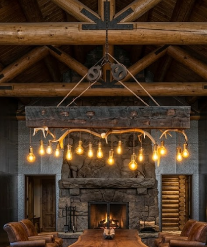 wood beam antler chandelier