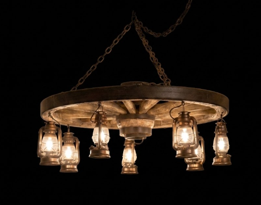 Buffalo Bill Wagon Wheel Rustic Chandelier, 42" W x 12"T