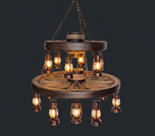 Gun Smoke Double Wagon Wheel Chandelier